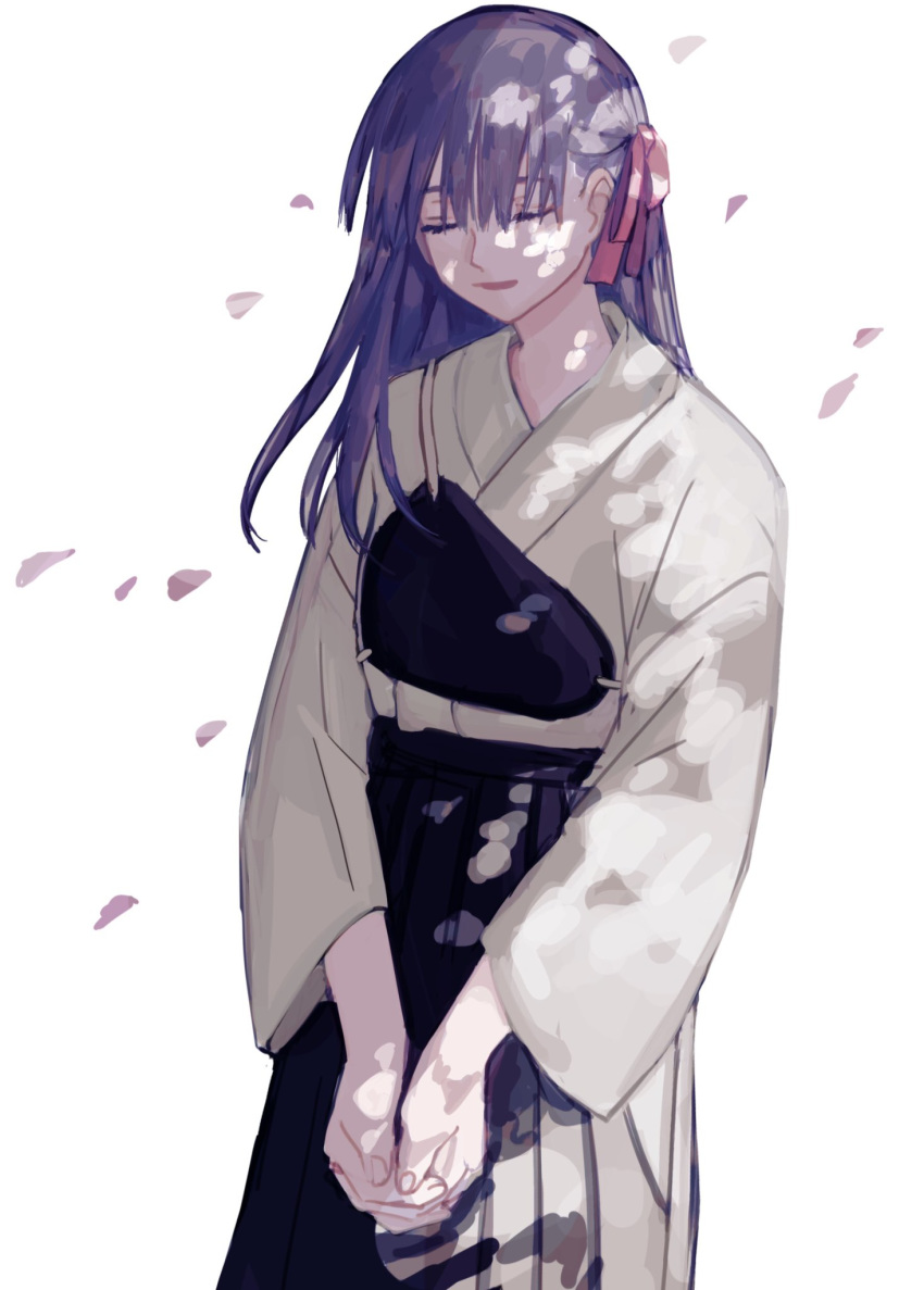 1girl bangs cherry_blossoms closed_eyes ears eyebrows fate/stay_night fate_(series) hair_ribbon hakama hands_together highres hirose3y japanese_clothes long_hair matou_sakura muneate nose open_mouth petals purple_hair red_ribbon ribbon shade shaded_face simple_background solo white_background