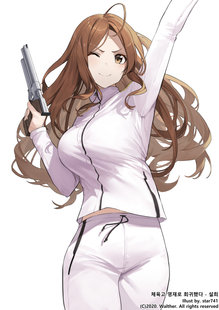 1girl ;) absurdres ahoge arm_up blush bouncing_breasts breasts brown_eyes brown_hair closed_mouth commentary_request cowboy_shot gun highres holding holding_gun holding_weapon jacket korean_commentary korean_text long_hair long_sleeves medium_breasts one_eye_closed original pants simple_background smile star741 track_jacket track_pants translation_request trigger_discipline v-shaped_eyebrows very_long_hair weapon white_background white_jacket white_pants zipper