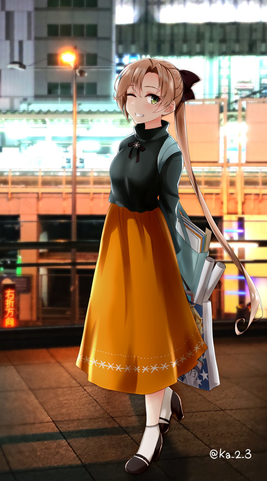 1girl absurdres akigumo_(kantai_collection) arms_behind_back bag black_sweater bridge brown_hair building commentary_request full_body green_eyes hair_ribbon highres ka_tsumi kantai_collection lamppost long_hair long_skirt looking_at_viewer one_eye_closed orange_skirt outdoors parted_lips photo_background ponytail ribbon skirt smile socks solo standing sweater twitter_username white_legwear