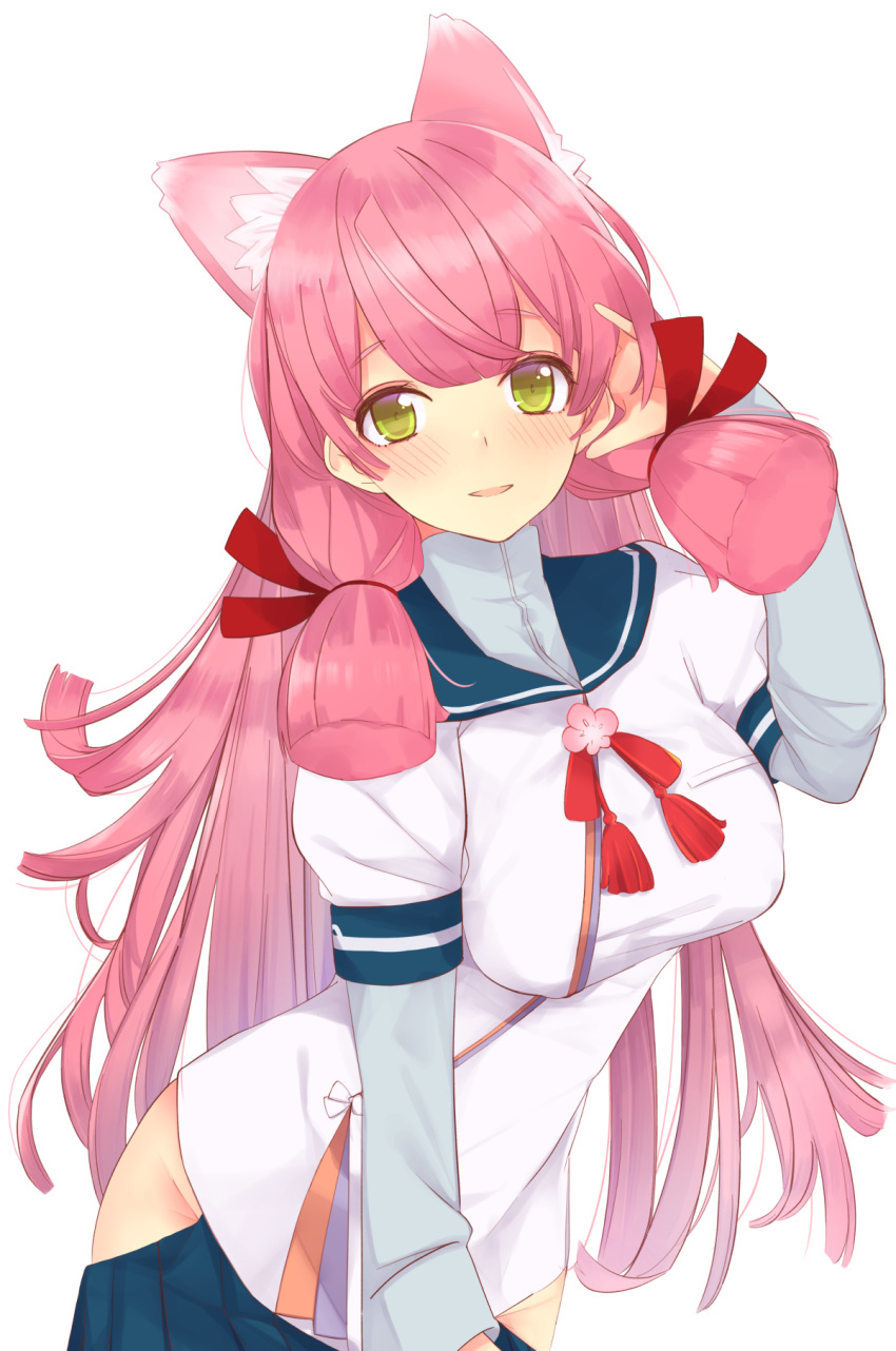 1girl akashi_(kantai_collection) animal_ear_fluff animal_ears blue_skirt blush breasts cat_ears eyebrows_visible_through_hair green_eyes hair_ribbon hand_in_hair highres hip_vent kantai_collection large_breasts long_hair long_sleeves looking_at_viewer pink_hair pleated_skirt red_ribbon ribbon saba_mirin school_uniform serafuku simple_background skirt smile solo tress_ribbon white_background