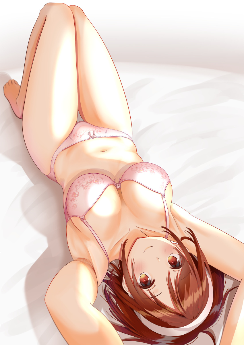 1girl absurdres arms_up bangs bed bed_sheet bow bow_panties bra breasts brown_eyes brown_hair closed_mouth collarbone crotch eyebrows_visible_through_hair highres kantai_collection legs_together looking_at_viewer lying medium_breasts natori_(kantai_collection) navel on_back panties pink_bra pink_panties sidelocks smile underwear zuki