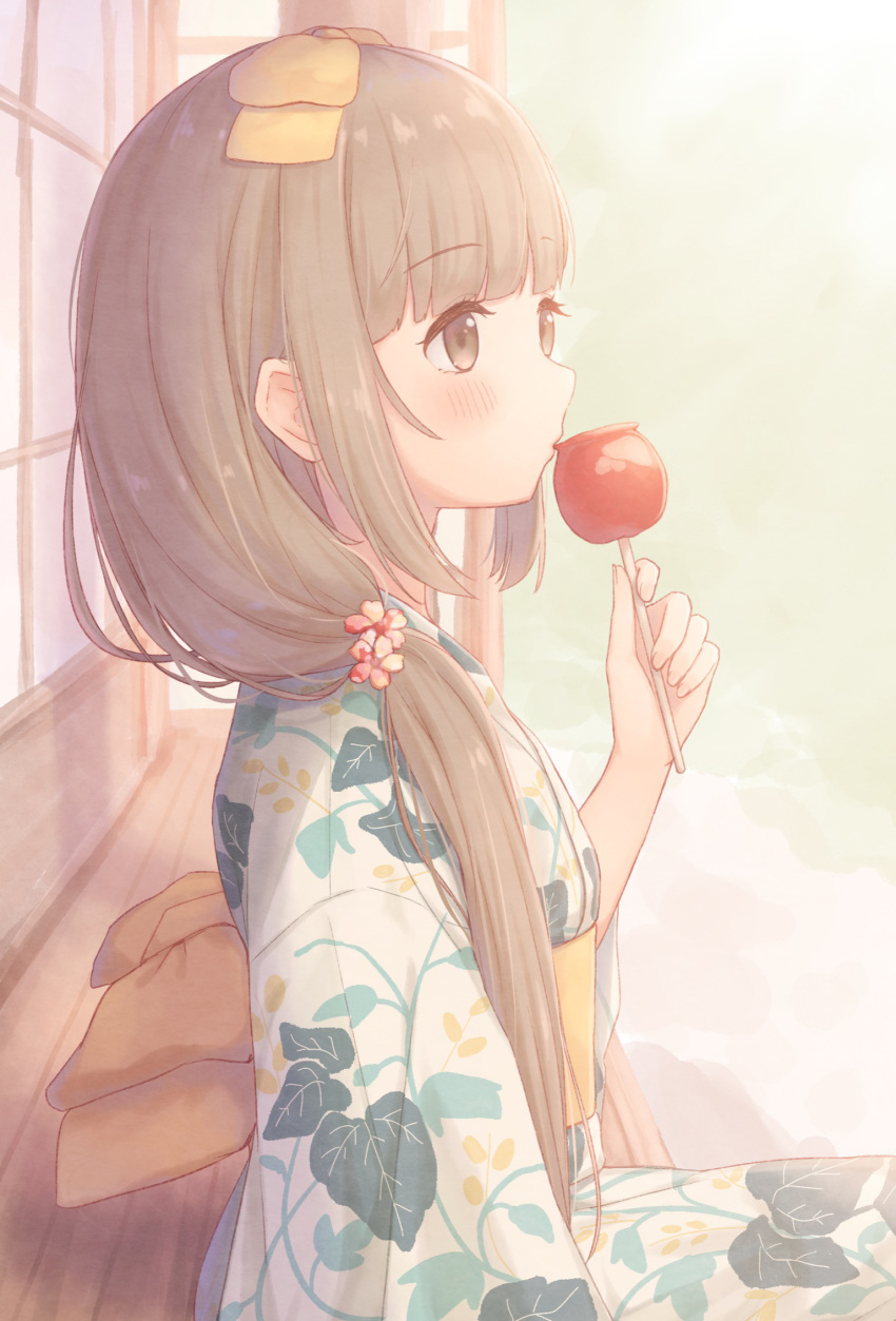 1girl bangs blunt_bangs blush bow brown_eyes brown_hair candy_apple closed_mouth commentary_request day eating eyebrows_visible_through_hair food hair_bow hand_up highres holding holding_food idolmaster idolmaster_cinderella_girls japanese_clothes kazane_mari kimono leaf_print long_hair long_sleeves looking_away low_twintails obi outdoors print_kimono sash solo twintails veranda very_long_hair white_kimono wide_sleeves yellow_bow yorita_yoshino