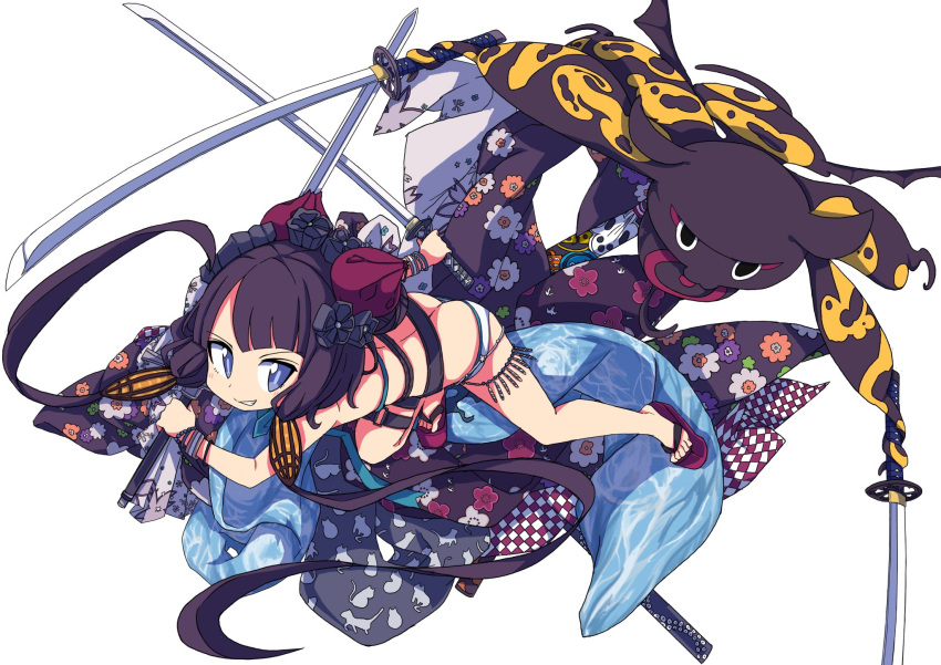 1girl animal_print ass bangle bangs bikini blue_eyes blunt_bangs blush bracelet brown_hair butt_crack cat_print checkered commentary_request dual_wielding facing_away fate/grand_order fate_(series) fighting_stance floral_print flower grin hair_bun hair_flower hair_ornament highres holding holding_sword holding_weapon jewelry katana katsushika_hokusai_(fate/grand_order) katsushika_hokusai_(swimsuit_saber)_(fate) leg_strap looking_away looking_to_the_side okobo red_footwear scrunchie shiraha_(orega-gandamud) simple_background smile swimsuit sword thigh_strap thighlet thighs tokitarou_(fate/grand_order) twintails two-tone_bikini v-shaped_eyebrows weapon white_background white_bikini wrist_scrunchie