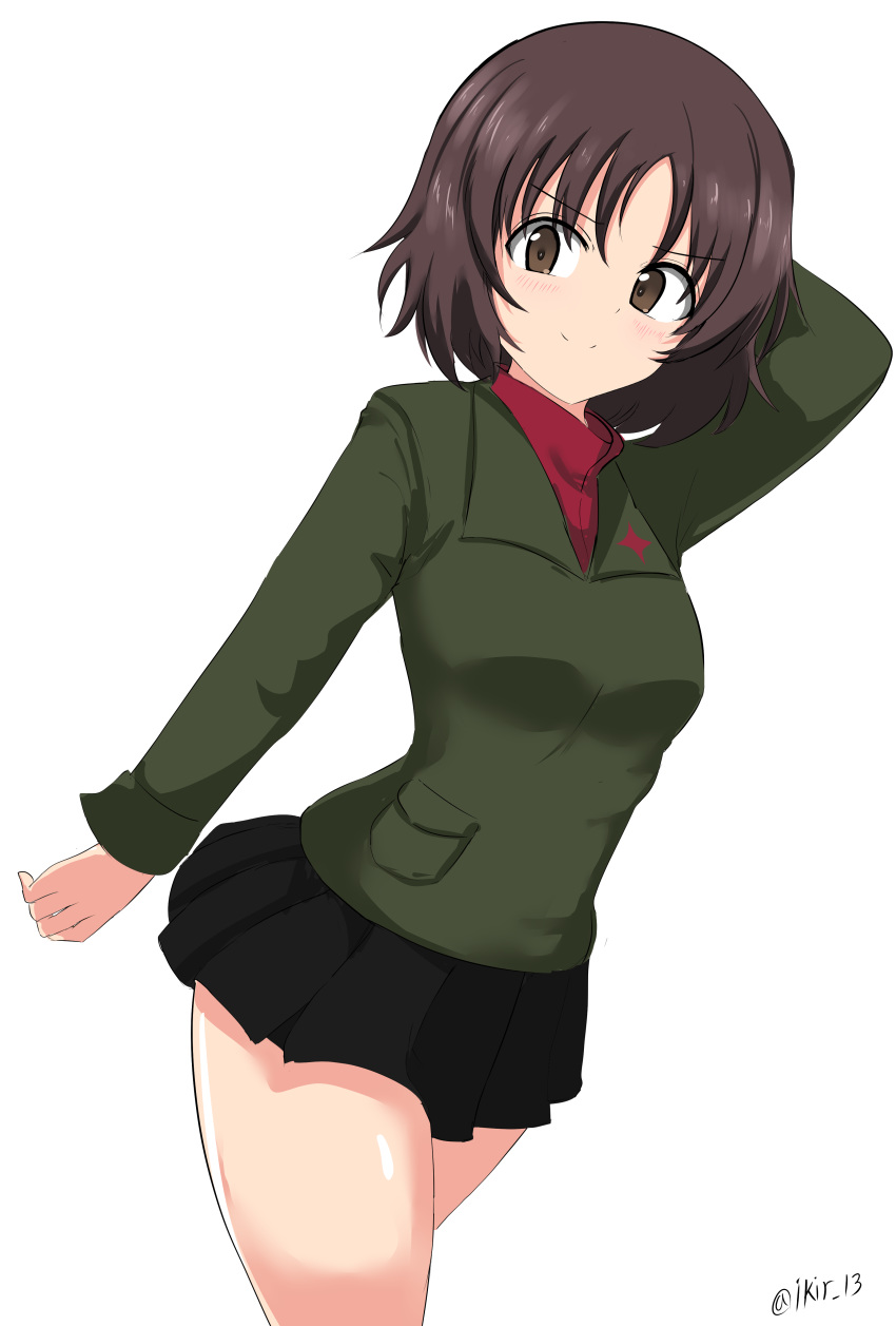 1girl absurdres aikir_(jml5160) alina_(girls_und_panzer) arm_behind_head arm_up bangs black_skirt brown_eyes brown_hair closed_mouth commentary cowboy_shot cropped_legs dutch_angle eyebrows_visible_through_hair girls_und_panzer green_jacket highres insignia jacket long_sleeves looking_at_viewer miniskirt pleated_skirt pravda_school_uniform red_shirt school_uniform shirt short_hair simple_background skirt smile solo standing turtleneck twitter_username white_background