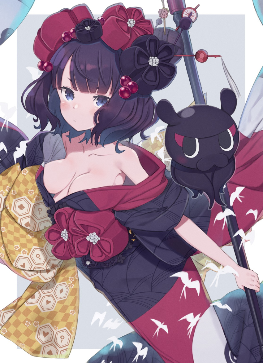 1girl animal bangs bare_shoulders black_hair black_kimono blue_eyes blush breasts calligraphy_brush checkered closed_mouth collarbone commentary_request eyebrows_visible_through_hair fate/grand_order fate_(series) floral_print grey_background hair_ornament highres holding holding_paintbrush japanese_clothes katsushika_hokusai_(fate/grand_order) kimono looking_at_viewer medium_breasts obi octopus off_shoulder oversized_object paintbrush sash solo tokitarou_(fate/grand_order) totatokeke two-tone_background white_background