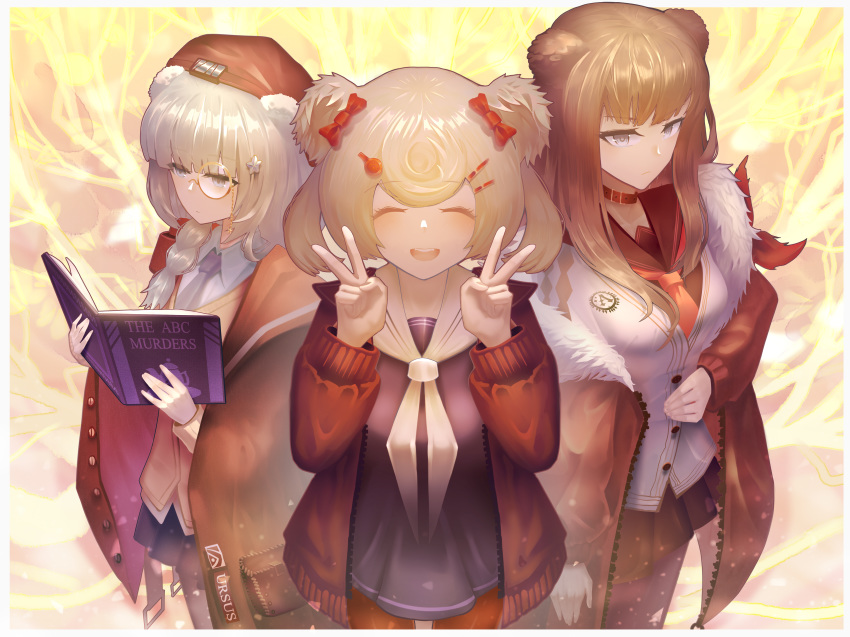 3girls ^_^ absurdres animal_ears arknights bangs bear_ears beret black_choker black_dress black_footwear black_jacket black_sailor_collar black_skirt blonde_hair blue_eyes blue_hair book brown_cape brown_hair brown_headwear cape choker closed_eyes commentary dress eyebrows_visible_through_hair fur-trimmed_jacket fur_trim gummy_(arknights) hair_between_eyes hands_up hat highres holding holding_book huge_filesize istina_(arknights) jacket long_hair long_sleeves monocle multicolored multicolored_background multicolored_hair multiple_girls neckerchief open_clothes open_jacket open_mouth pantyhose pleated_skirt reading redhead sailor_collar sailor_dress shirt short_dress short_hair skirt streaked_hair tdf7156 v white_neckwear white_sailor_collar white_shirt zima_(arknights)