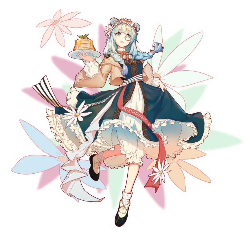 1girl absurdres animal_ears aqua_eyes arknights bangs bear_ears black_footwear bloomers blue_dress blunt_bangs braid breasts brown_jacket chinese_commentary clothes_writing cropped_jacket dress english_commentary eyebrows_visible_through_hair flower food frilled_dress frills full_body hair_flower hair_ornament hairband highres holding holding_plate istina_(arknights) jacket long_hair looking_at_viewer mixed-language_commentary monocle neck_ribbon open_clothes open_jacket open_mouth pancake plate red_neckwear red_ribbon ribbed_legwear ribbon round_eyewear russian_text shoes silver_hair simple_background small_breasts smile socks solo syrup twin_braids underwear vic_(user_ztdh7374) white_background white_legwear wide_sleeves