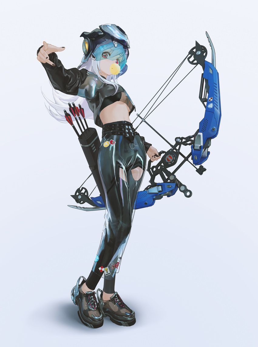 1girl arm_up arrow_(projectile) black_nails black_pants bow_(weapon) breasts bubble chewing chewing_gum full_body headwear helmet highres holding holding_bow_(weapon) holding_weapon jacket long_hair long_sleeves looking_at_viewer nail_polish original pants pink_eyes quiver see-through shoelaces shoes sidelocks simple_background small_breasts sneakers solo standing stomach transparent_footwear ttk_(kirinottk) visor weapon white_hair zipper_pull_tab