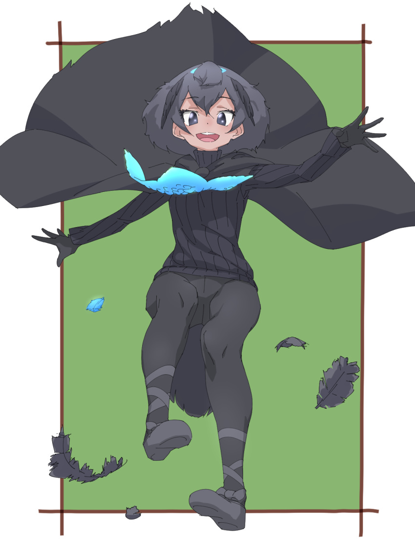 1girl arm_up bird_tail black_cape black_eyes black_gloves black_hair black_legwear black_sweater blue_hair cape crotch_seam dark_skin eyebrows_visible_through_hair feathers full_body gloves greater_lophorina_(kemono_friends) highres kemono_friends leggings looking_at_viewer medium_hair midair multicolored_hair open_mouth outstretched_arms smile solo spread_arms sweater tail tanabe_(fueisei) turtleneck turtleneck_sweater upper_teeth