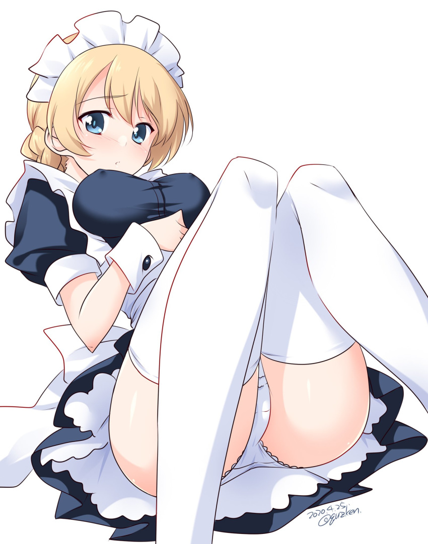 1girl alternate_costume apron back_bow bangs black_dress blonde_hair blue_eyes bow braid breasts commentary crotch_seam darjeeling_(girls_und_panzer) dated dress enmaided eyebrows_visible_through_hair girls_und_panzer highres kuzuryuu_kennosuke lace lace-trimmed_panties large_bow light_blush light_smile looking_at_viewer lying maid maid_apron maid_headdress medium_breasts on_back panties parted_lips puffy_short_sleeves puffy_sleeves short_dress short_hair short_sleeves simple_background solo thigh-highs tied_hair twitter_username underwear white_apron white_background white_legwear white_panties wrist_cuffs