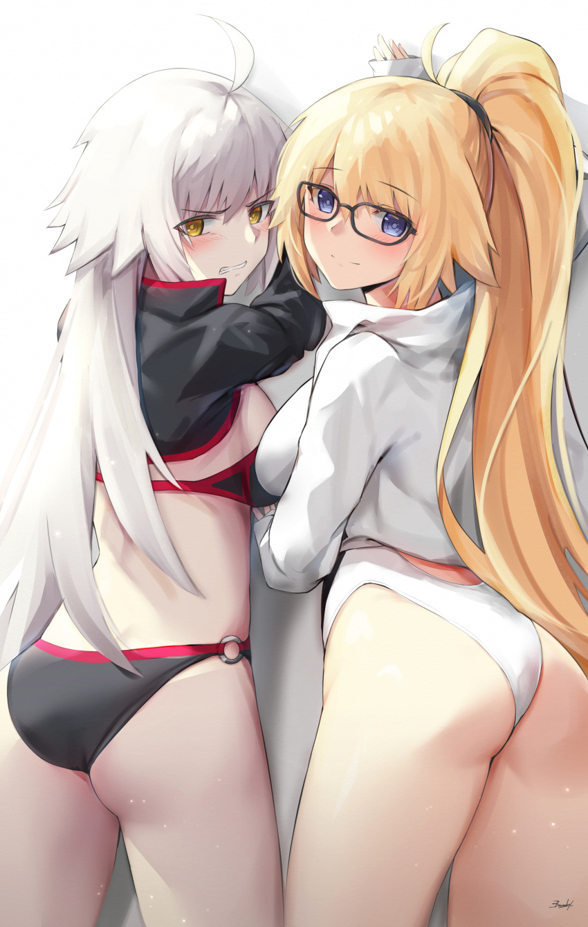 2girls absurdres ahoge ass bangs bee_doushi bikini black_bikini black_gloves black_jacket blonde_hair blue_eyes blush breasts clenched_teeth closed_mouth fate/grand_order fate_(series) female_ass glasses gloves highleg highleg_swimsuit highres jacket jeanne_d'arc_(alter_swimsuit_berserker) jeanne_d'arc_(fate)_(all) jeanne_d'arc_(swimsuit_archer) large_breasts long_hair long_sleeves looking_at_viewer looking_back multiple_girls one-piece_swimsuit ponytail shrug_(clothing) silver_hair smile swimsuit teeth very_long_hair white_jacket white_swimsuit yellow_eyes