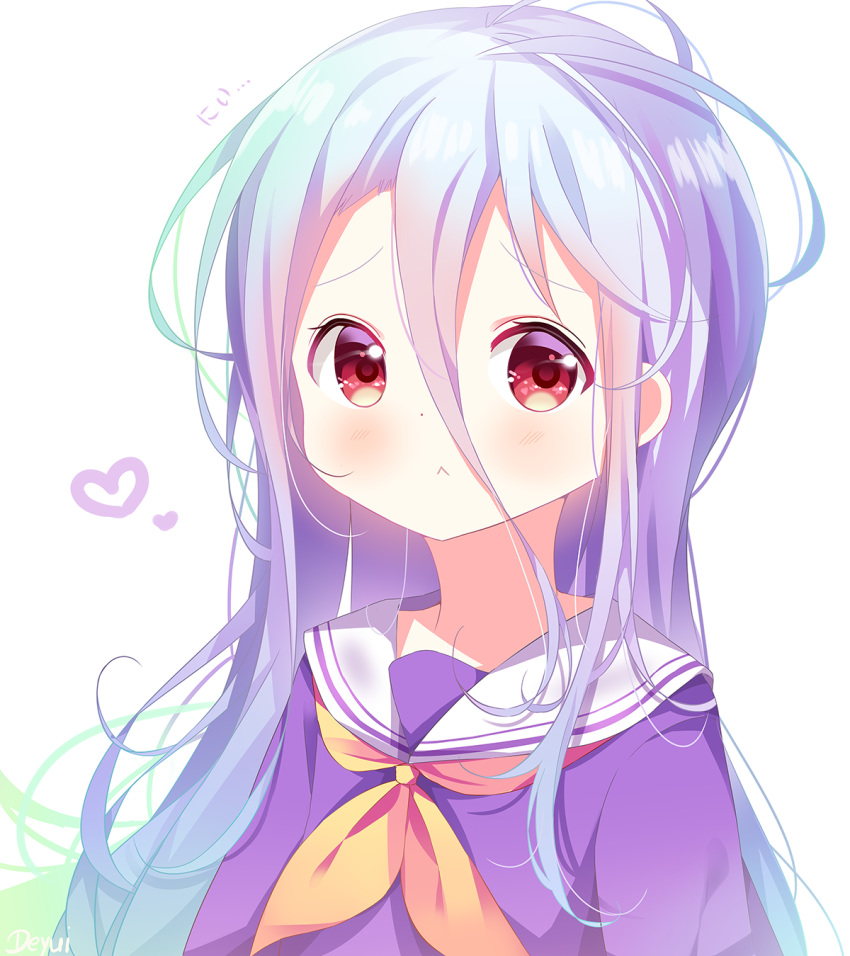 1girl :&lt; bangs blue_hair blush closed_mouth commentary_request deyui eyebrows_visible_through_hair gradient_hair green_hair hair_between_eyes heart highres looking_at_viewer multicolored_hair neckerchief no_game_no_life purple_shirt red_eyes sailor_collar shiro_(no_game_no_life) shirt simple_background solo translation_request upper_body white_background white_sailor_collar yellow_neckwear