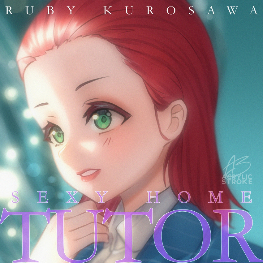 1girl acrylicstroke album_cover alternate_hairstyle character_name cover english_commentary english_text furihata_ai green_eyes highres jacket kurosawa_ruby love_live! love_live!_sunshine!! parody photo-referenced redhead seiyuu_connection signature