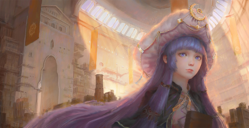 1girl absurdres alternate_costume alternate_headwear arabian_clothes architecture bangs banner blunt_bangs book closed_mouth crescent crescent_hair_ornament day ears english_commentary flag hair_ornament highres holding holding_book indoors light_rays lips long_hair looking_at_viewer neck_ribbon nose patchouli_knowledge purple_hair realistic ribbon sidelocks solo tagme tassel touhou turban upper_body very_long_hair violet_eyes yellow_neckwear yellow_ribbon zhang_peiyang