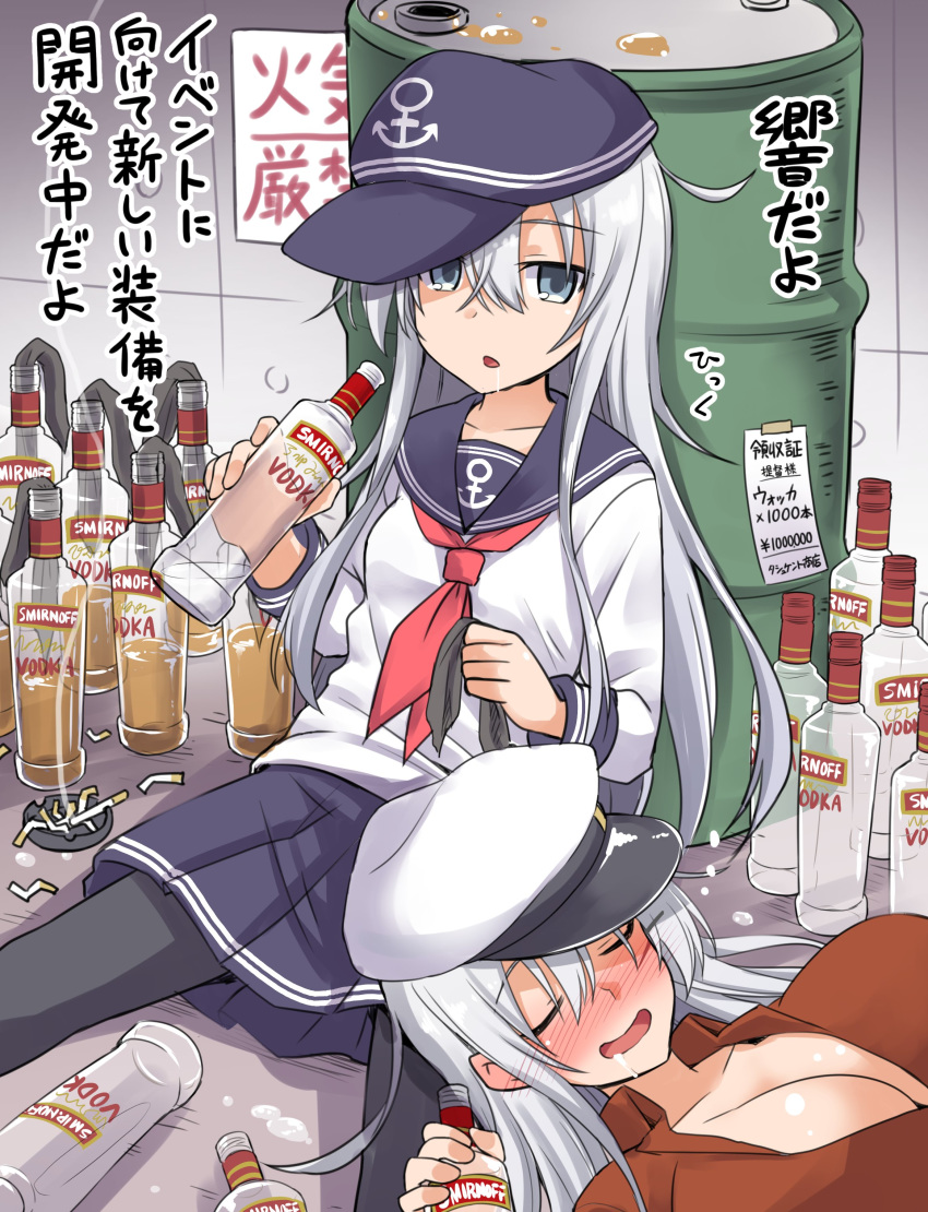 2girls absurdres alcohol anchor_symbol ashtray black_headwear black_legwear black_sailor_collar black_skirt blue_eyes bottle breasts cigarette collarbone eyebrows_visible_through_hair flat_cap gangut_(kantai_collection) grey_hair hair_between_eyes hat hibiki_(kantai_collection) highres holding holding_bottle kantai_collection kokutou_nikke large_breasts long_hair long_sleeves multiple_girls neckerchief open_clothes open_mouth open_shirt pleated_skirt red_neckwear red_shirt sailor_collar school_uniform serafuku shirt silver_hair skirt thigh-highs translation_request vodka white_headwear