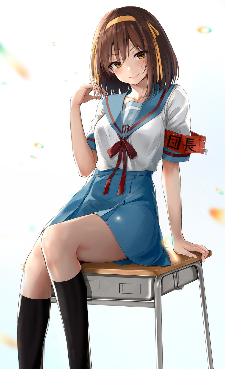 1girl adjusting_hair arm_support armband bangs black_legwear blue_sailor_collar blue_skirt blush bob_cut bow bowtie breasts brown_eyes brown_hair commentary desk feet_out_of_frame hairband hand_on_own_shoulder head_tilt highres kita_high_school_uniform kneehighs looking_at_viewer medium_breasts napo8593 on_desk red_bow red_neckwear red_ribbon ribbon sailor_collar school_uniform serafuku shirt short_hair short_sleeves sitting skirt solo suzumiya_haruhi suzumiya_haruhi_no_yuuutsu translated white_background white_shirt yellow_hairband