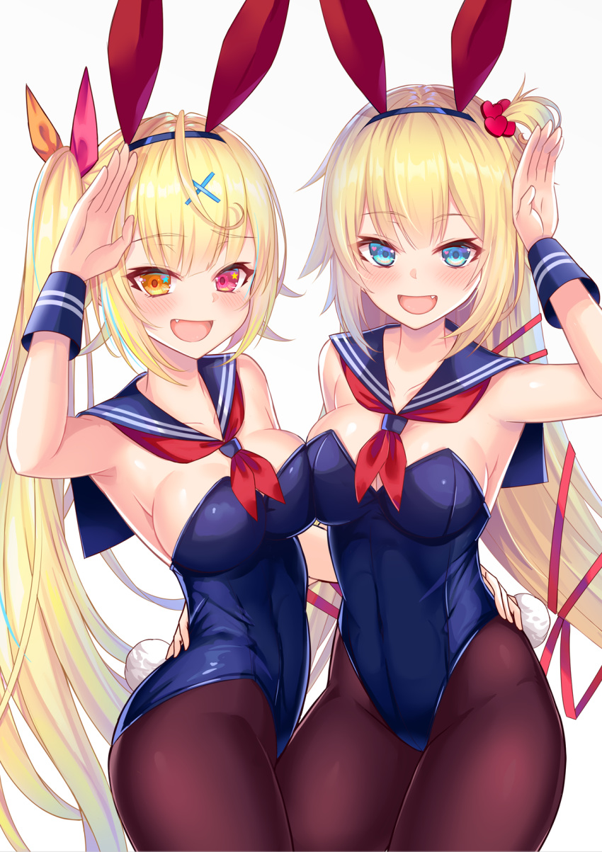 2girls :d akai_haato animal_ears black_legwear blonde_hair blue_eyes blush breasts bunny_tail bunnysuit commentary_request crossover detached_collar fang hair_ornament hand_on_hip heart heart_hair_ornament heterochromia highres hololive hoshikawa_sara large_breasts long_hair multiple_girls nijisanji open_mouth pantyhose rabbit_ears red_eyes sailor_collar side_ponytail simple_background smile tail x_hair_ornament yellow_eyes yoshiheihe