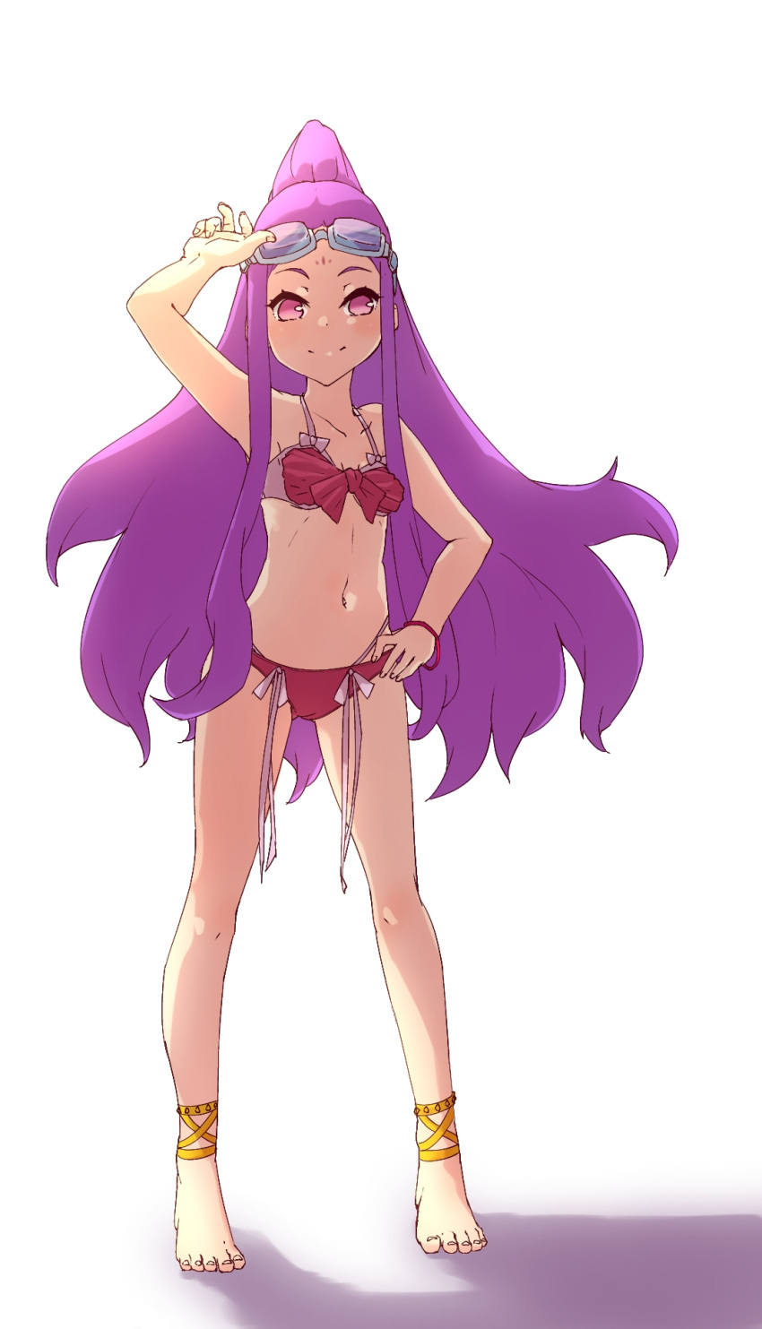 1girl ankle_ribbon backlighting bangs bare_shoulders bikini blush breasts closed_mouth collarbone facial_mark fate/grand_order fate_(series) forehead forehead_mark full_body goggles goggles_on_head hand_on_hip highres legs long_hair looking_at_viewer navel niwaikanai parted_bangs ponytail purple_bikini purple_hair ribbon sidelocks simple_background small_breasts smile swimsuit very_long_hair violet_eyes wu_zetian_(fate/grand_order) yellow_ribbon