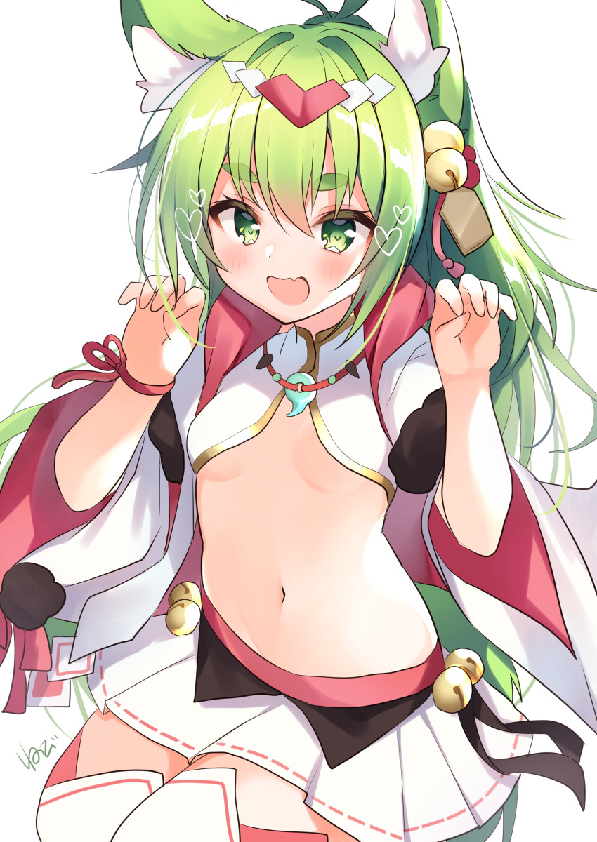 1girl :d absurdres animal_ear_fluff animal_ears azur_lane bell breasts claw_pose commentary_request cowboy_shot crop_top gold_trim green_eyes green_hair hair_ornament hands_up highres isokaze_(azur_lane) isokaze_(new_year's_battle)_(azur_lane) jingle_bell long_hair long_sleeves looking_at_viewer magatama_necklace midriff miniskirt navel nenobi_(nenorium) open_mouth pleated_skirt shirt signature simple_background skirt small_breasts smile solo stomach thigh-highs white_background white_legwear white_shirt white_skirt wide_sleeves zettai_ryouiki
