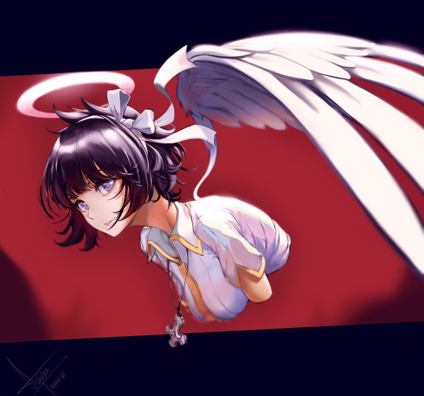 1girl absurdres angel azazel_(helltaker) bangs black_hair blue_eyes blush breasts commentary_request cross dated disembodied_torso feathered_wings gloves hair_ribbon halo helltaker highres jewelry large_breasts looking_at_viewer necklace ribbon shirt short_hair short_sleeves signature smile teupeu upper_body white_ribbon white_shirt wings