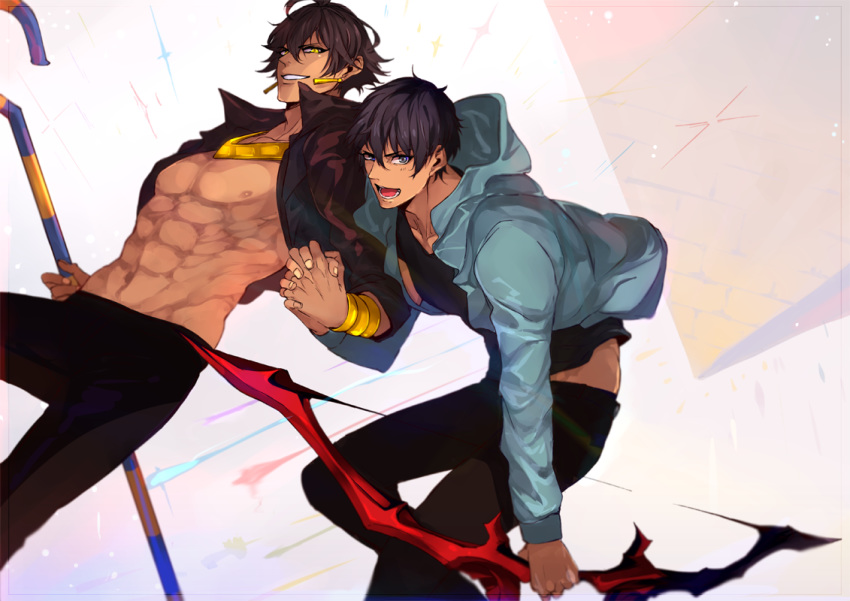 2boys abs ahoge arash_(fate) bangs black_hair black_shirt bow_(weapon) brown_hair couple dark_skin dark_skinned_male earrings fate/grand_order fate/prototype fate/prototype:_fragments_of_blue_and_silver fate_(series) fingers_together gold_necklace holding_hand holding_hands interlocked_fingers jacket jewelry looking_at_viewer male_focus multiple_boys nipples open_clothes open_jacket open_mouth ozymandias_(fate) pants pectorals pvc_parfait revealing_clothes shirt simple_background smile staff weapon yaoi yellow_eyes