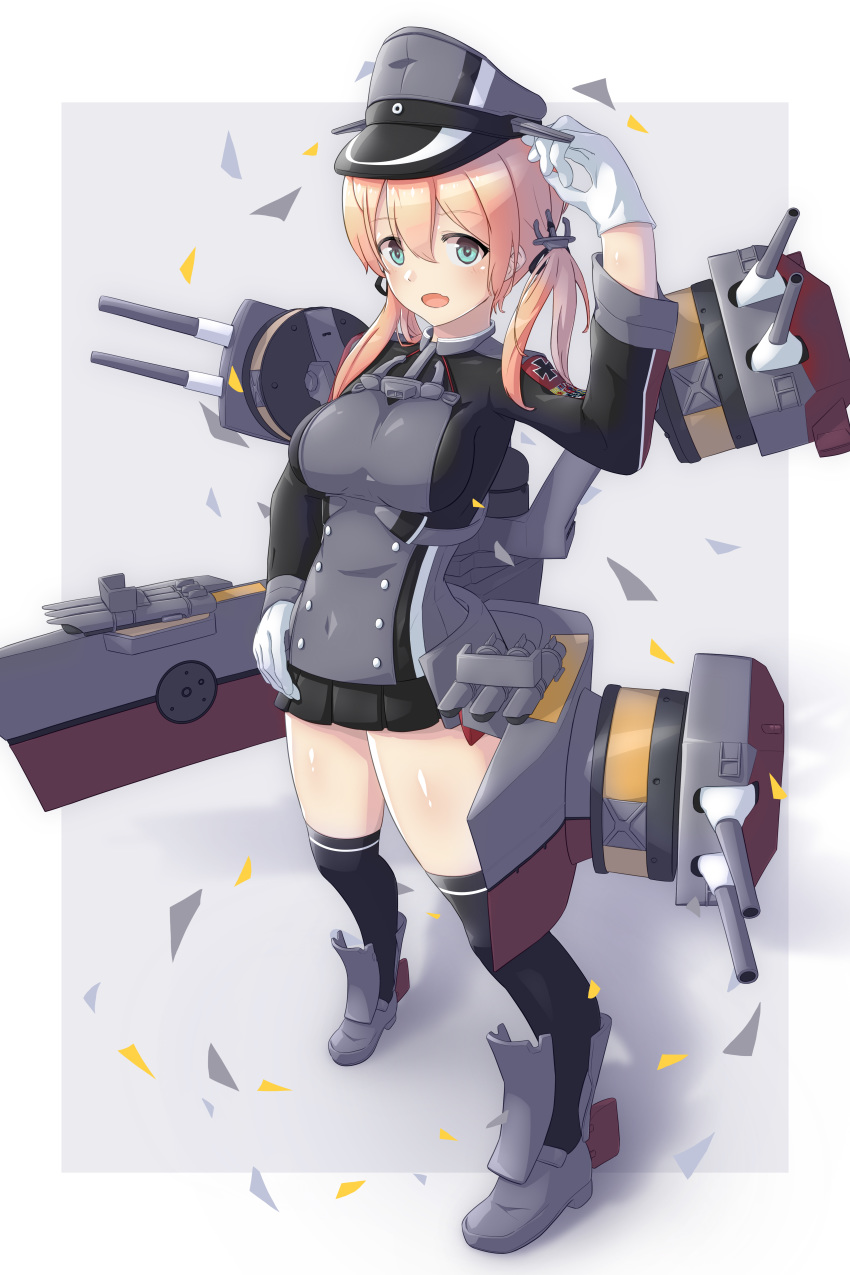 1girl absurdres aqua_eyes arthur_ko bad_anatomy bad_perspective black_legwear black_skirt blonde_hair breasts eyebrows_visible_through_hair full_body gloves hair_between_eyes hat highres kantai_collection large_breasts long_hair long_sleeves low_twintails machinery military military_hat military_uniform open_mouth peaked_cap pleated_skirt prinz_eugen_(kantai_collection) skirt solo standing thigh-highs turret twintails uniform white_gloves