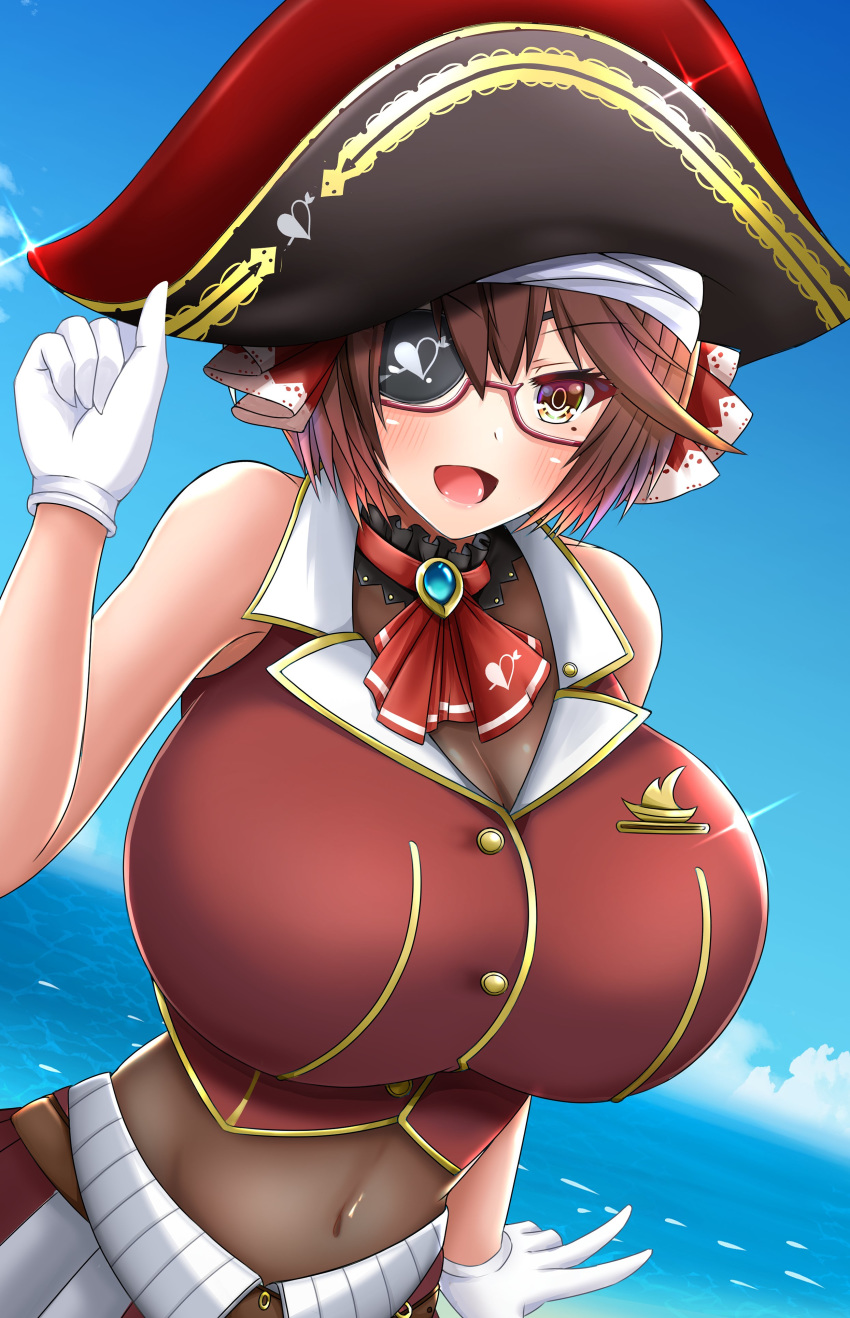 1girl absurdres adjusting_clothes adjusting_hat blue_sky blush breasts brown_hair cosplay eyepatch glasses gloves hat highres hololive houshou_marine houshou_marine_(cosplay) huge_breasts mameneko_pai mole mole_under_eye ocean orange_eyes original pirate pirate_hat red-framed_eyewear red_skirt short_hair skirt sky smile white_gloves