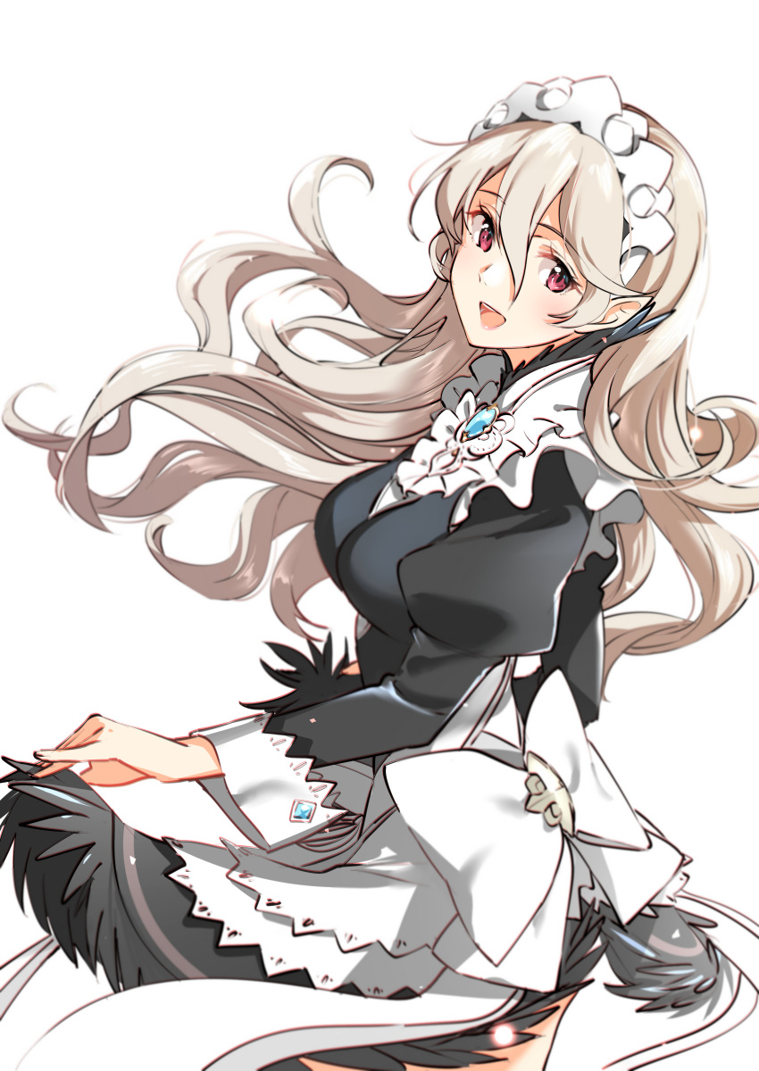 1girl absurdres commentary corrin_(fire_emblem) corrin_(fire_emblem)_(female) fire_emblem fire_emblem_fates from_side highres juliet_sleeves long_hair long_sleeves looking_to_the_side maid maid_day maid_headdress misu_kasumi open_mouth pointy_ears puffy_sleeves red_eyes simple_background solo white_background white_hair