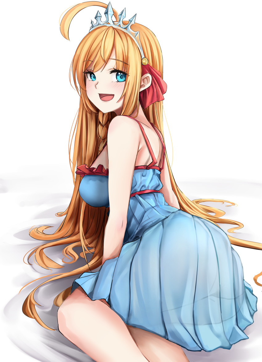 1girl absurdres ahoge arm_support bangs bare_shoulders blue_dress blue_eyes blush braid breasts dress dvdraw eyebrows_visible_through_hair frilled_dress frills hair_ribbon highres large_breasts long_hair looking_at_viewer open_mouth orange_hair pecorine pleated_dress princess_connect! princess_connect!_re:dive red_ribbon ribbon see-through side_braid sitting smile solo swept_bangs tiara very_long_hair white_background yokozuwari