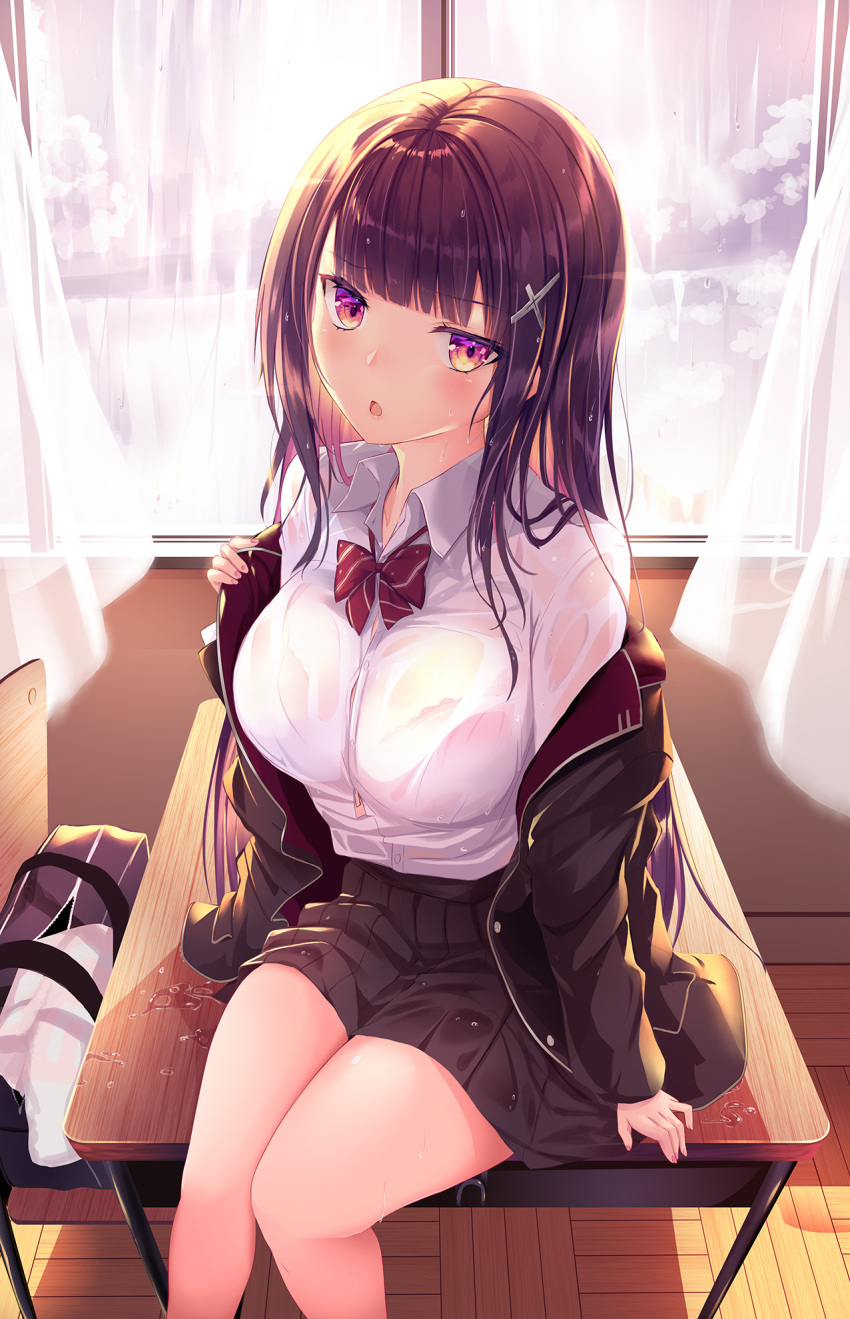 1girl backlighting bag black_hair black_jacket black_skirt blazer bow bowtie bra_through_clothes breasts button_gap buttons classroom collared_shirt curtains day desk dress_shirt frown hair_ornament haruka_natsuki highres indoors jacket large_breasts long_hair long_sleeves looking_at_viewer miniskirt off_shoulder on_desk open_clothes open_jacket open_mouth original pleated_skirt rain school_bag school_desk school_uniform see-through shirt shirt_tucked_in sitting sitting_on_desk skirt solo thighs towel violet_eyes water wet wet_clothes wet_shirt white_shirt window x_hair_ornament