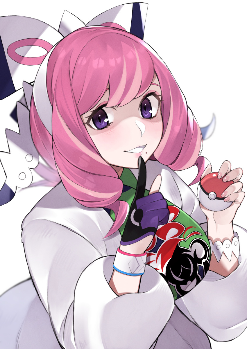 1girl absurdres bangs bow breasts coat commentary_request dynamax_band eyelashes finger_to_chin fur_coat gloves hairband highres holding holding_poke_ball kamekiti kurara_(pokemon) looking_at_viewer medium_hair mole mole_under_mouth partly_fingerless_gloves pink_hair pink_nails poke_ball poke_ball_(generic) pokemon pokemon_(game) pokemon_swsh simple_background single_glove smile solo teeth violet_eyes white_background white_bow white_coat wristband