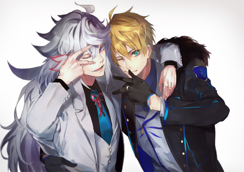 2boys ahoge alternate_costume arm_around_shoulder arthur_pendragon_(fate) bangs blonde_hair blue_neckwear fate/grand_order fate_(series) gloves gradient gradient_background green_eyes hair_between_eyes hand_on_another's_waist head_to_head hood hood_down hoodie jewelry long_hair long_sleeves looking_at_viewer male_focus merlin_(fate) multiple_boys necktie one_eye_closed open_clothes open_hoodie open_mouth pvc_parfait ring shiny shiny_hair smile upper_body very_long_hair vest violet_eyes white_hair