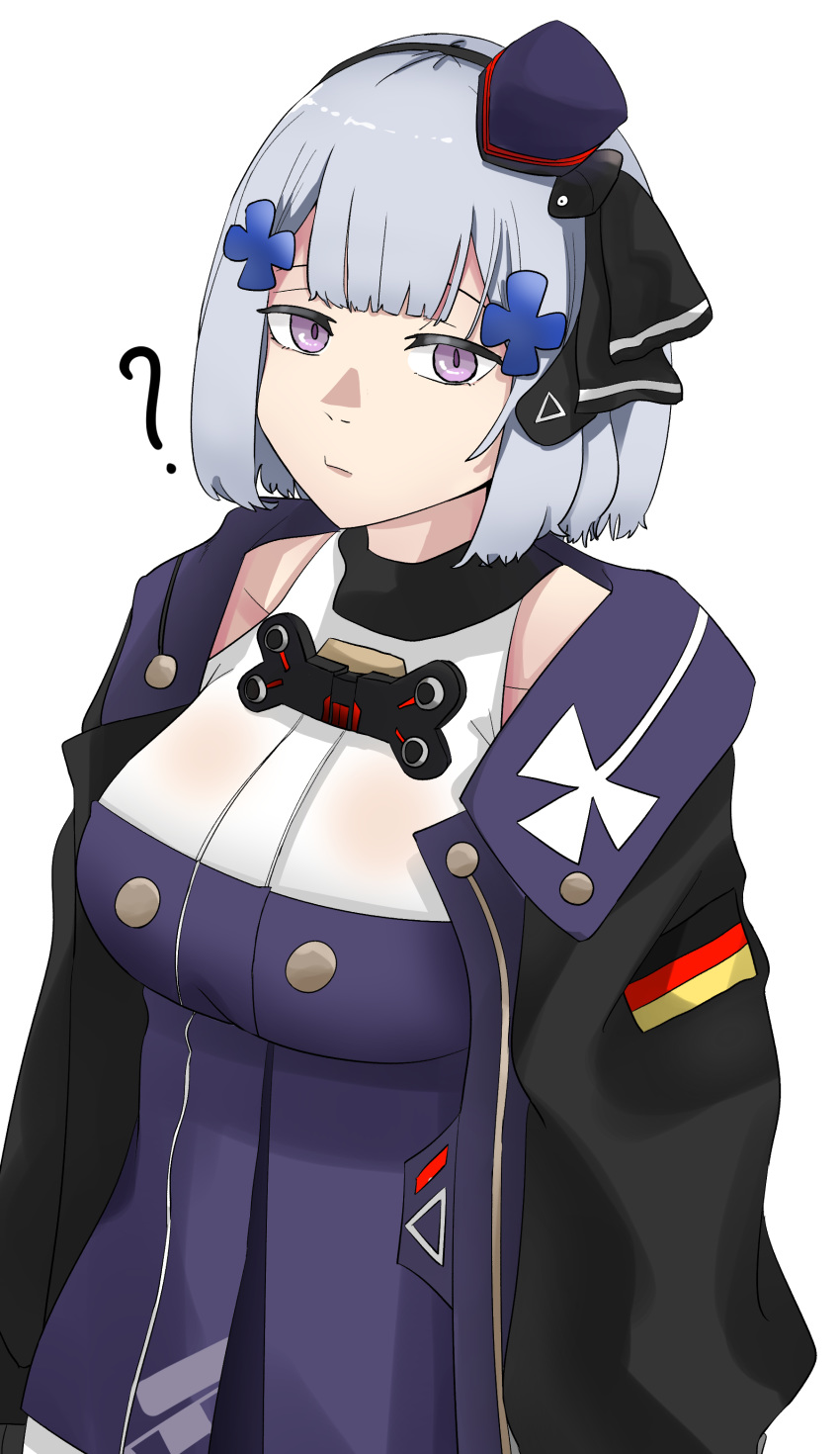 1girl ? absurdres bangs breasts girls_frontline hair_ribbon hat highres hk416_(girls_frontline) jacket looking_at_viewer medium_breasts medium_hair military military_hat military_uniform natawaru ribbon rpk-16_(girls_frontline) silver_hair solo uniform violet_eyes white_background