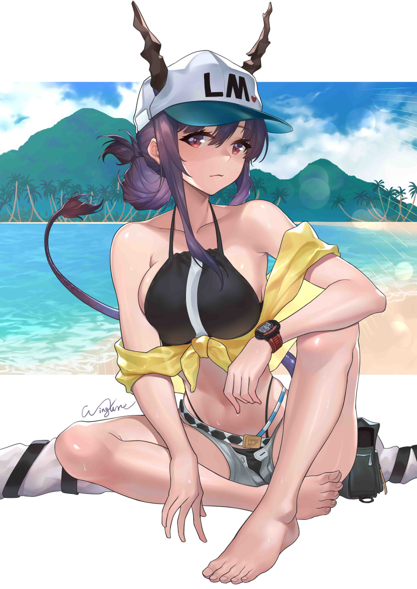 1girl absurdres arknights bangs bare_legs bare_shoulders barefoot baseball_cap bikini black_bikini blue_sky breasts ch'en_(arknights) chinese_commentary clouds commentary_request day dragon_horns folded_ponytail grey_shorts hair_between_eyes halterneck hat highres horns horns_through_headwear indian_style knee_up large_breasts long_hair looking_at_viewer micro_shorts off_shoulder outdoors palm_tree purple_hair red_eyes shorts sidelocks sitting sky solo stomach swimsuit tail thighs tree watch water wingure