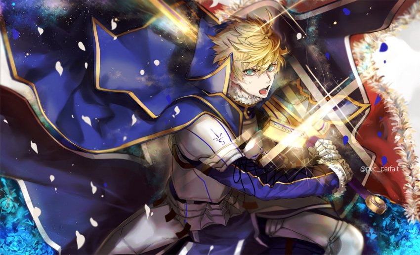 1boy ahoge armor arthur_pendragon_(fate) artist_name bangs blonde_hair blue_flower blue_petals breastplate cape excalibur_(fate/prototype) fate/grand_order fate_(series) faulds fighting_stance flower gauntlets glowing glowing_weapon greaves green_eyes hair_between_eyes holding hood long_sleeves looking_at_viewer male_focus pauldrons petals pvc_parfait shiny shiny_hair shoulder_armor solo sparkle sweat sword twitter_username upper_body weapon white_petals