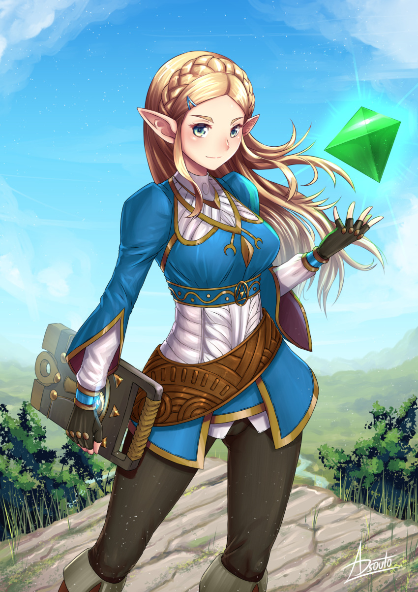 1girl adsouto black_legwear blonde_hair blue_shirt book boots braid breasts brown_footwear elf eyelashes fingerless_gloves forehead gem gloves gold_trim green_eyes highres holding holding_book long_hair long_sleeves looking_at_viewer medium_breasts pointy_ears princess_zelda shirt single_braid smile solo the_legend_of_zelda the_legend_of_zelda:_breath_of_the_wild undershirt