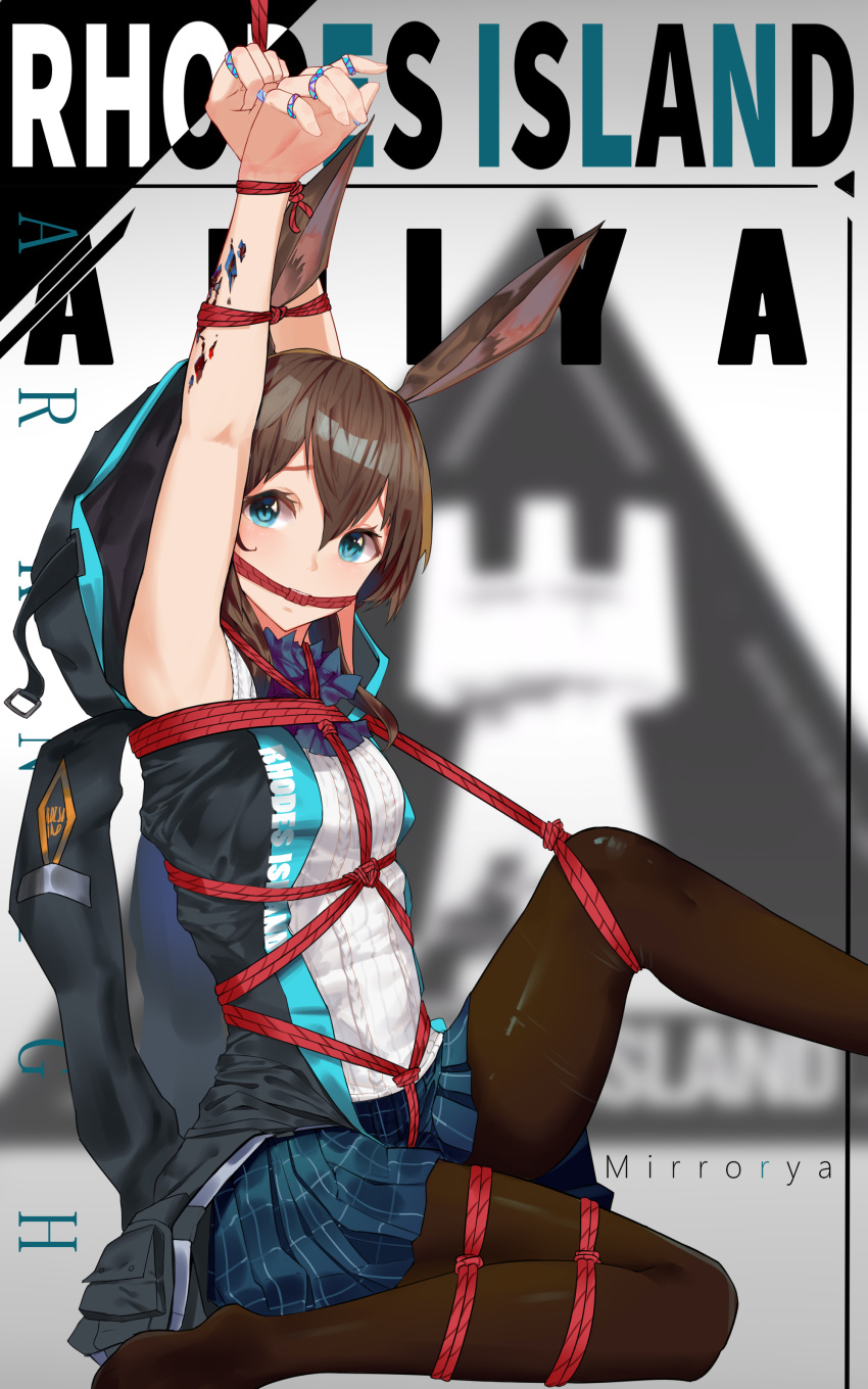 1girl absurdres amiya_(arknights) animal_ears arknights arms_up artist_name bangs bare_arms bare_shoulders bdsm black_legwear blue_eyes blue_skirt bondage bound bound_arms brown_hair character_name chinese_commentary cleave_gag cloth_gag commentary_request gag gagged grey_background hair_between_eyes highres improvised_gag jewelry looking_at_viewer miniskirt mirrorya no_shoes ore_lesion_(arknights) pantyhose pleated_skirt rabbit_ears rhodes_island_logo ring shibari shirt short_hair skirt solo thighs