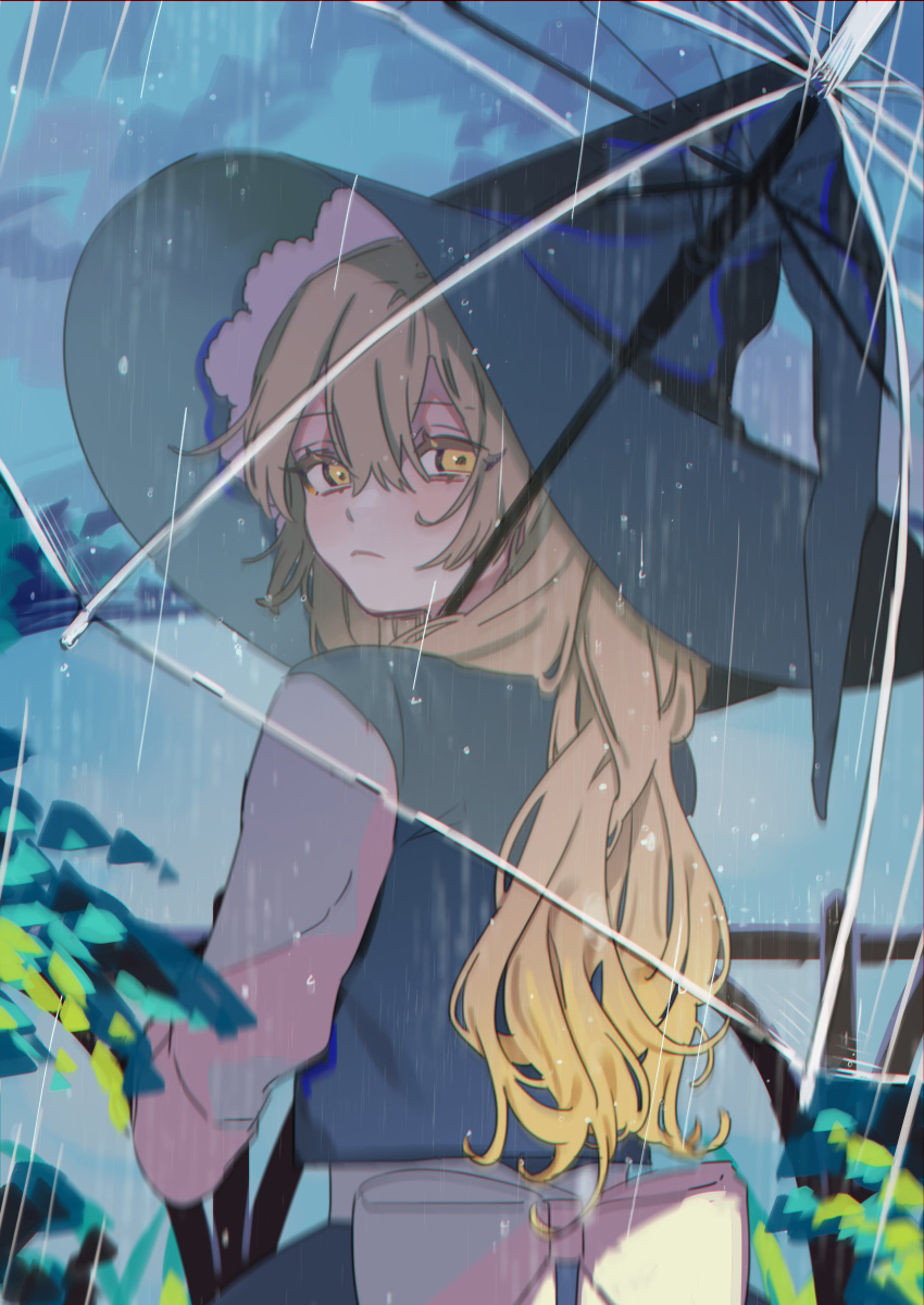 1girl absurdres bangs black_dress black_headwear blonde_hair blush bow closed_mouth commentary_request dress expressionless from_behind hair_between_eyes half-closed_eyes hat highres holding holding_umbrella kirisame_marisa long_hair looking_back outdoors rain sash shirt short_sleeves solo takushiima touhou transparent transparent_umbrella umbrella upper_body white_bow white_sash white_shirt witch_hat yellow_eyes
