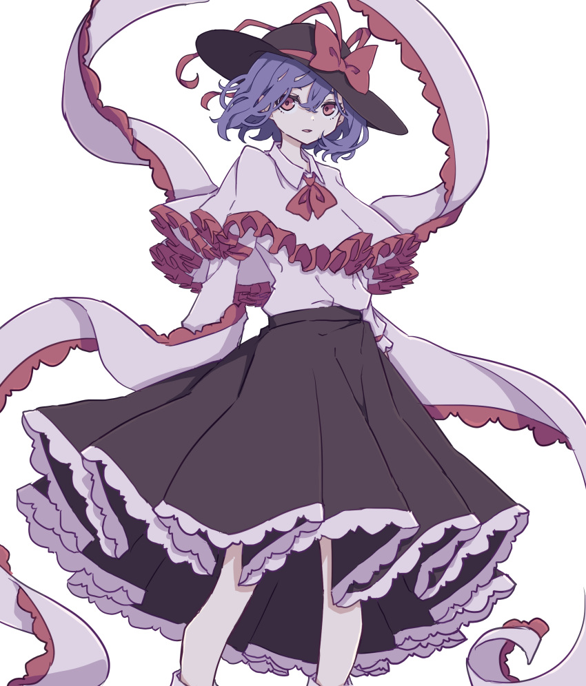 1girl absurdres black_footwear black_headwear black_skirt bow capelet frilled_capelet frilled_shawl frilled_sleeves frills hagoromo hat hat_bow hat_ribbon highres kame_(kamepan44231) long_sleeves nagae_iku purple_hair red_eyes ribbon shawl shirt simple_background skirt socks solo touhou white_background white_legwear white_shirt