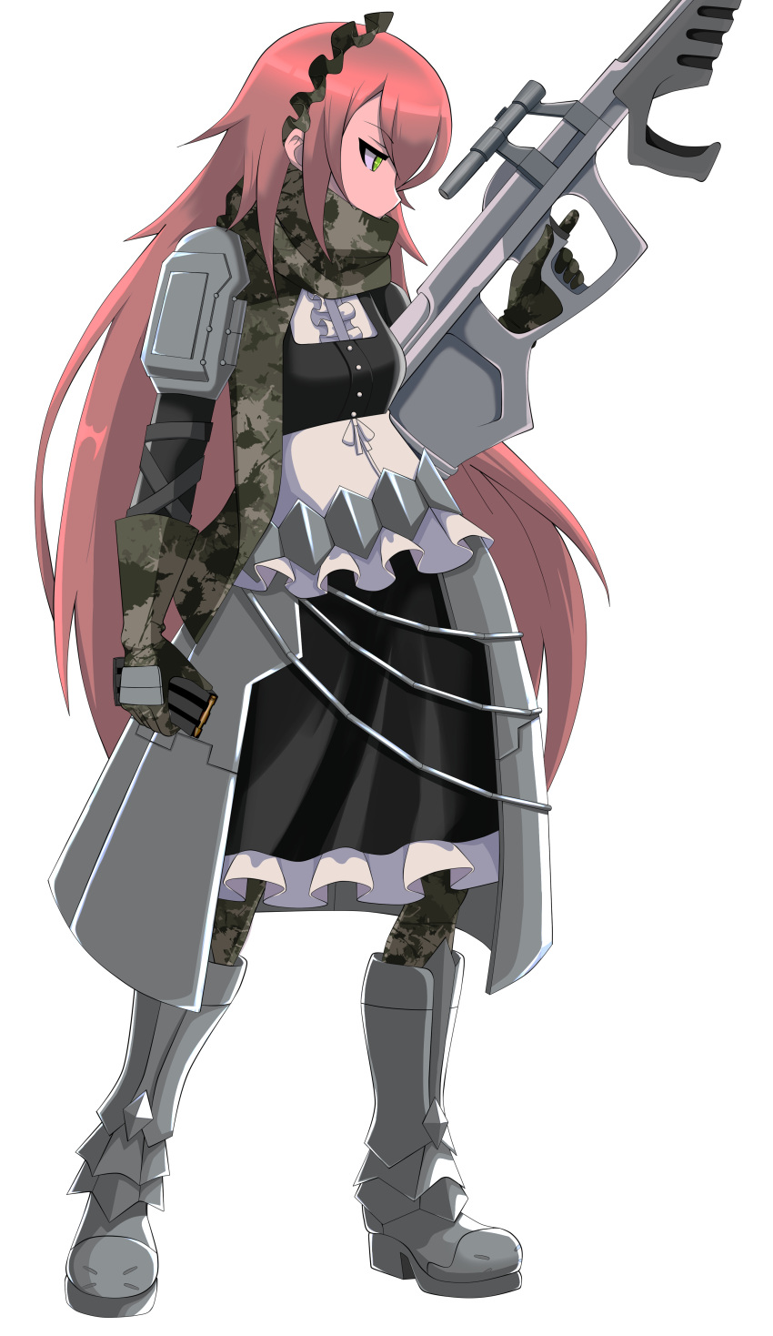1girl absurdres apron armor armored_boots armored_dress boots camouflage camouflage_gloves camouflage_legwear camouflage_scarf cz2128_delta frills green_eyes gun hh_101 highres holding holding_gun holding_weapon long_hair maid maid_headdress overlord_(maruyama) pink_hair puffy_sleeves scarf trigger_discipline very_long_hair weapon