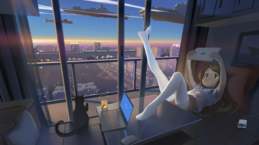 1girl :3 absurdres amigo_(hua_cao) balcony brown_eyes brown_hair building cat cellphone city city_lights cityscape closed_mouth computer condensation_trail couch curtains glass ground_vehicle highres holding holding_tablet_pc indoors laptop lying military military_vehicle mouse_(computer) night on_back original painting_(object) phone pillow road ship shirt short_sleeves shorts sky smartphone solo sunset table tablet_pc thick_eyebrows thigh-highs train warship watercraft white_legwear white_shirt window
