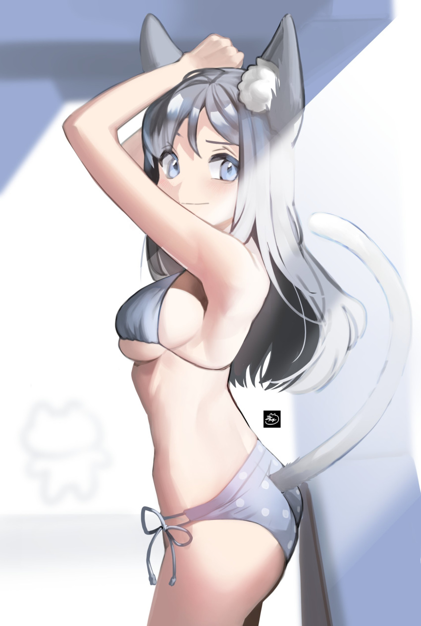 160mp 1girl absurdres animal_ear_fluff animal_ears arms_up ass bangs bare_arms bare_shoulders bra breasts cat_ears cat_tail commentary cowboy_shot grey_bra grey_eyes grey_panties highres long_hair looking_at_viewer medium_breasts original panties polka_dot polka_dot_panties silver_hair solo standing tail underwear