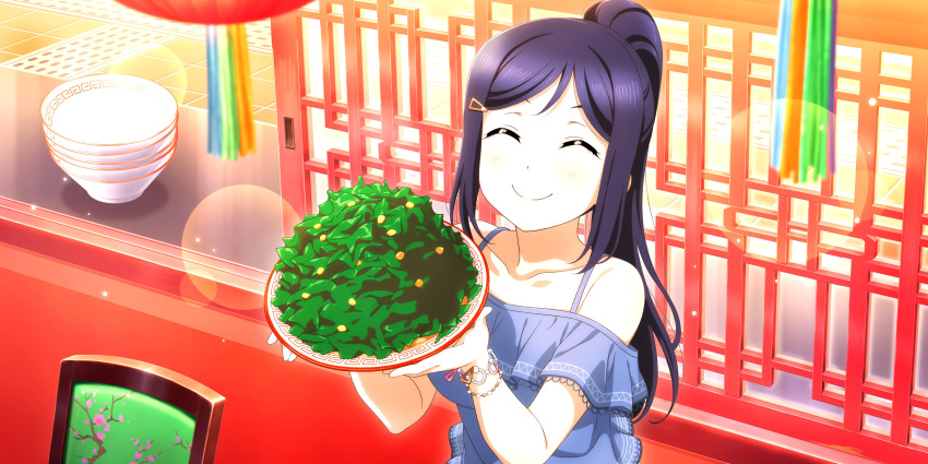 blue_hair blush closed_eyes long_hair love_live!_school_idol_festival_all_stars matsuura_kanan ponytail shirt smile