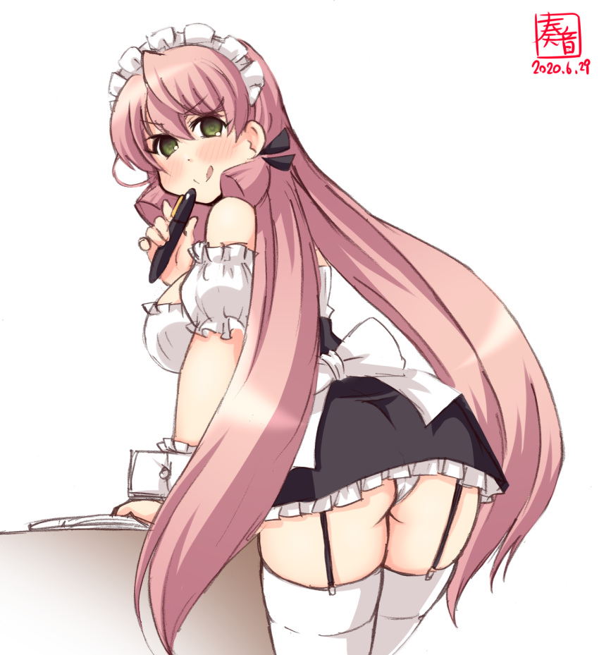 1girl akashi_(kantai_collection) alternate_costume apron artist_logo black_skirt blouse breasts commentary_request cowboy_shot dated enmaided frilled_apron frilled_blouse frilled_skirt frills from_behind garter_straps green_eyes hair_ribbon heart heart-shaped_pupils highres kanon_(kurogane_knights) kantai_collection large_breasts leaning_forward long_hair looking_at_viewer looking_back maid maid_headdress one_eye_closed panties pantyshot pen pink_hair pleated_skirt ribbon simple_background skirt smile solo suspender_skirt suspenders symbol-shaped_pupils table thigh-highs tress_ribbon underwear waist_apron white_apron white_background white_blouse white_legwear white_panties