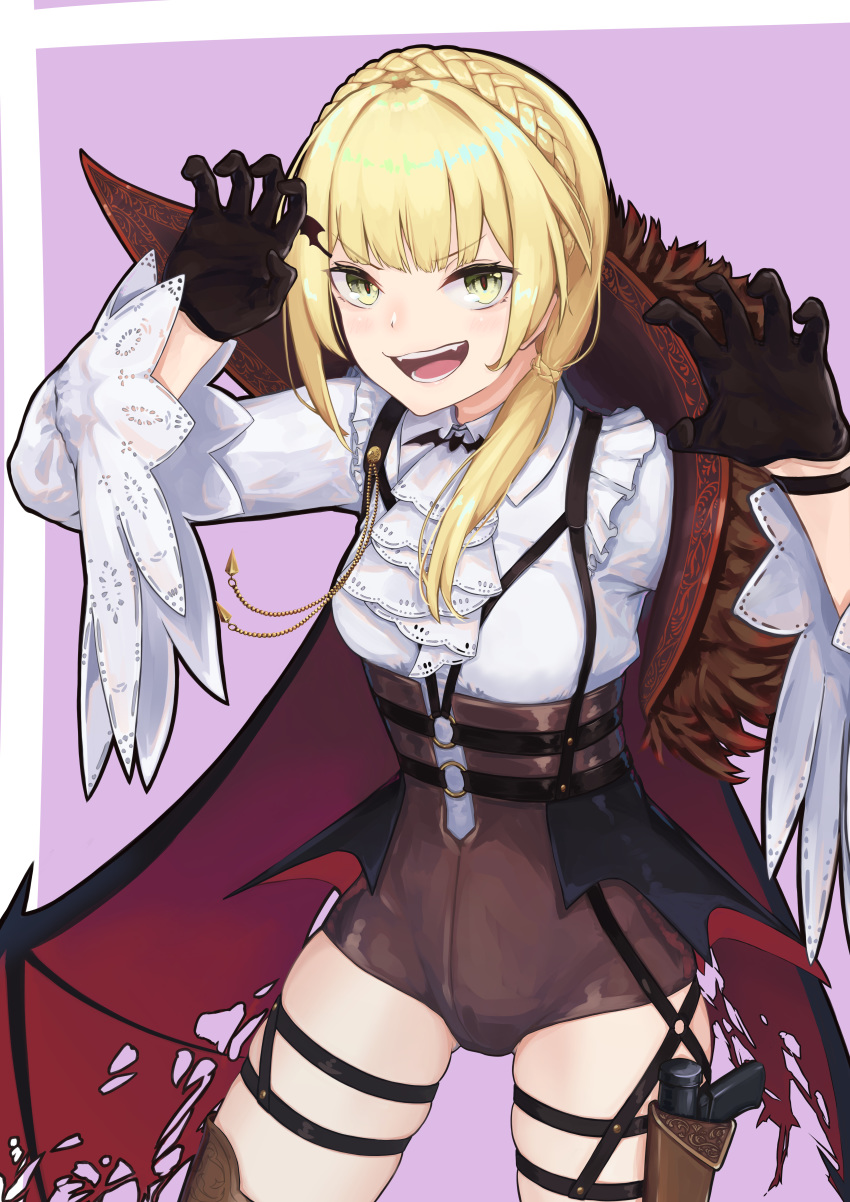 1girl absurdres alternate_costume ascot bat_hair_ornament bat_ornament bat_wings black_gloves blonde_hair braid cape corset cowboy_shot fangs french_braid frills fur-trimmed_cape fur_trim girls_frontline gloves grin hair_ornament hair_over_shoulder hands_up harness highres holster huge_filesize lace-trimmed_sleeves looking_at_viewer mari0ball o-ring_corset purple_background red_lining simple_background smile solo thigh_holster thigh_strap welrod_mk2 welrod_mk2_(girls_frontline) wings