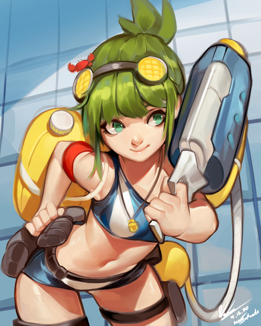 1girl abs absurdres armband armpits artist_name ass_visible_through_thighs belt blue_shirt blue_shorts breasts convenient_censoring cowboy_shot crab_hair_ornament crop_top dated foreshortening goggles goggles_on_head green_eyes green_hair hand_on_hip highres holding holding_water_gun holding_weapon leaning_forward lips looking_to_the_side medibang_paint_(medium) micro_shorts midriff navel nose original outstretched_arm ponytail red_armband shiny shiny_clothes shiny_hair shiny_skin shirt short_hair shorts sidelocks signature sleeveless smile solo striped striped_shirt thigh_strap thighs tight two-tone_shirt two-tone_shorts under_boob victor_nguyen_(hoaiartworks) water_gun water_tank weapon whistle whistle_around_neck white_shirt white_shorts