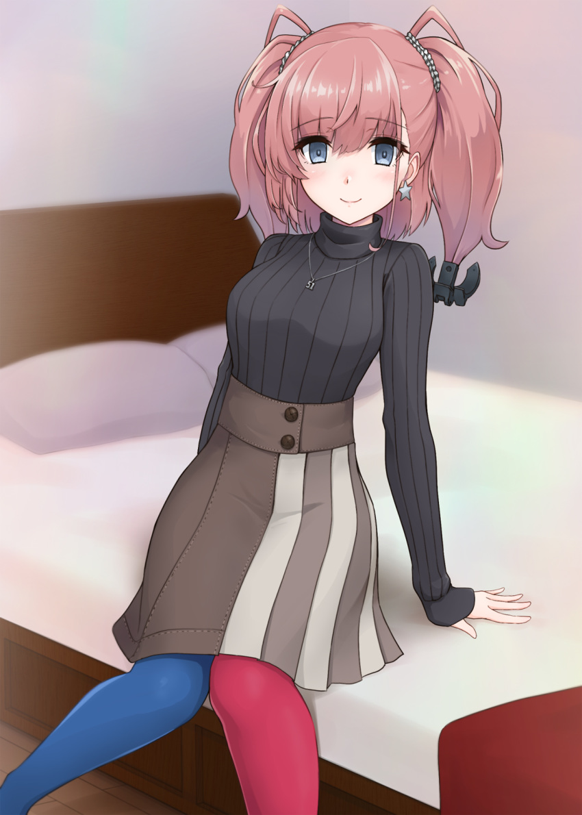 1girl alternate_costume atlanta_(kantai_collection) bed black_sweater blue_legwear breasts brown_hair brown_skirt casual earrings eyebrows_visible_through_hair grey_eyes highres jewelry kantai_collection kodama_(mmt_uf) large_breasts long_hair looking_at_viewer mismatched_legwear necklace pantyhose red_legwear ribbed_sweater sitting skirt smile solo star_(symbol) star_earrings sweater turtleneck turtleneck_sweater two_side_up