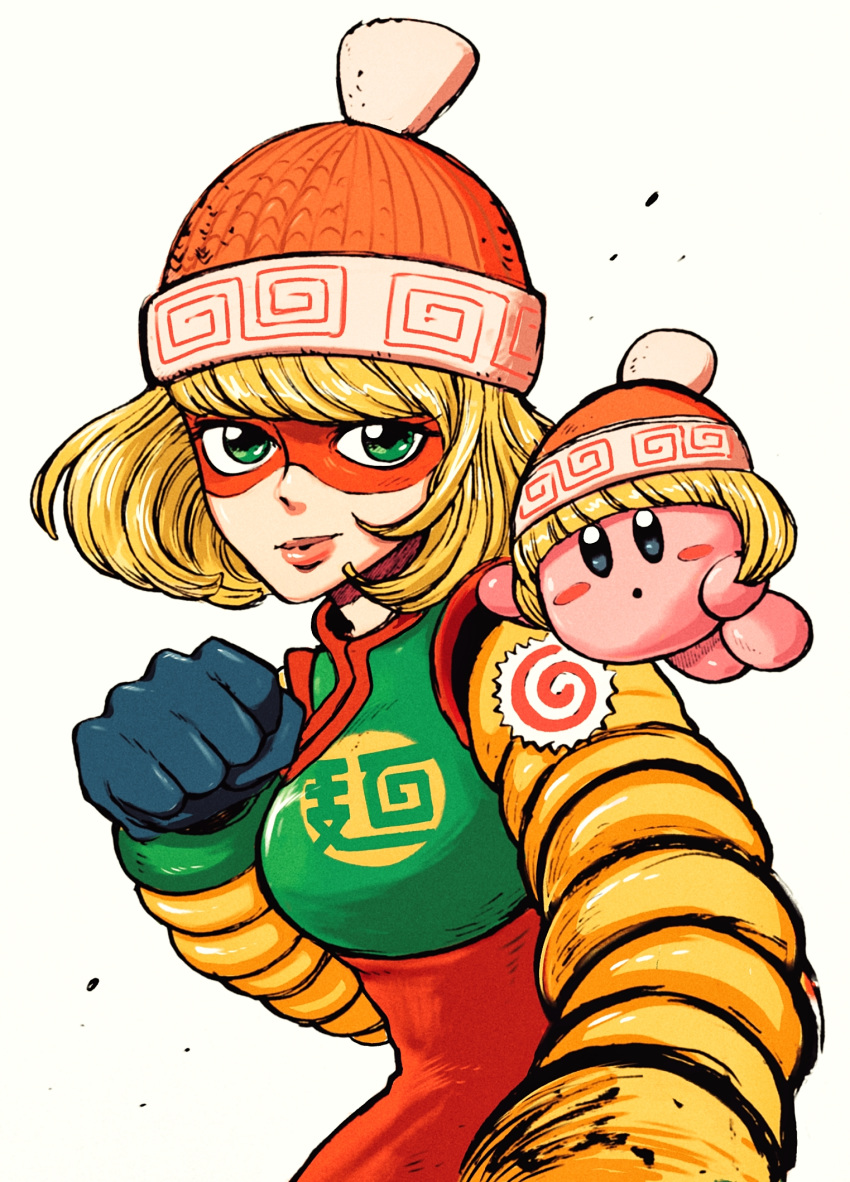 1girl arms_(game) beanie blonde_hair green_eyes hat highres kirby kirby_(series) looking_at_viewer mask min_min_(arms) short_hair smile