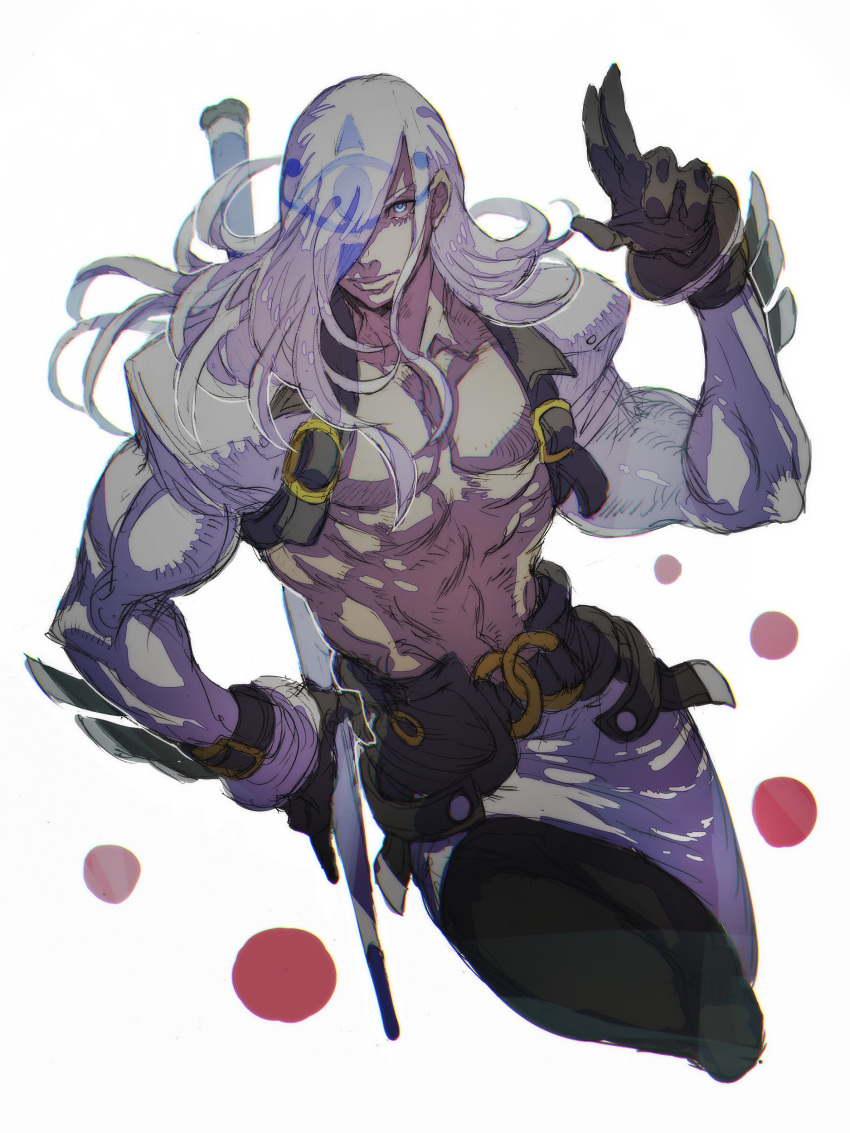 1boy absurdres belt black_gloves blue_eyes closed_mouth gloves grey_hair guilty_gear hair_over_one_eye highres holding holding_weapon long_hair male_focus muscle navel original shirtless simple_background sketch solo sutegoro venom_(guilty_gear) weapon white_background white_hair