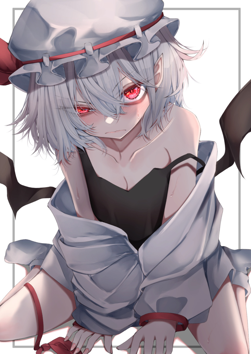 1girl bare_shoulders bat_wings black_wings breasts camisole closed_mouth collarbone fall_dommmmmer hat hat_ribbon highres long_sleeves looking_at_viewer medium_hair mob_cap pointy_ears red_eyes red_ribbon remilia_scarlet ribbon silver_hair simple_background sitting small_breasts socks solo strap_slip sweat touhou uneven_eyes white_background white_headwear white_legwear wings